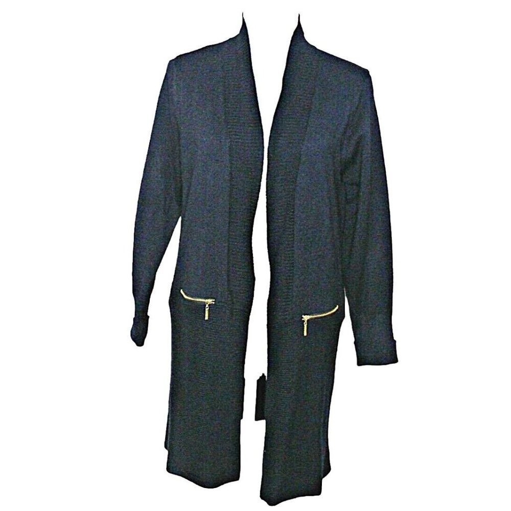 Premise Open Front Long Cardigan Sweater Zip Pockets Rayon Blend Dark Navy Sz S